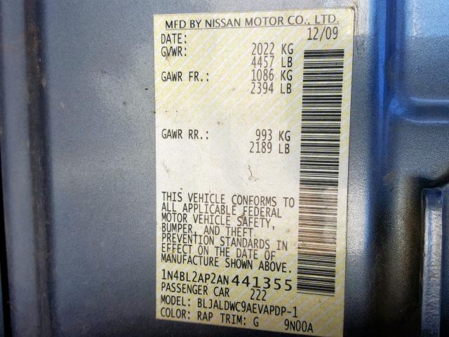 1N4BL2AP2AN441355 - 2010 NISSAN ALTIMA SR BLUE photo 10