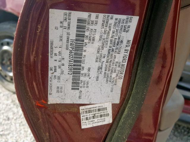 1FAFP56U27A183912 - 2007 FORD TAURUS SEL BURGUNDY photo 10