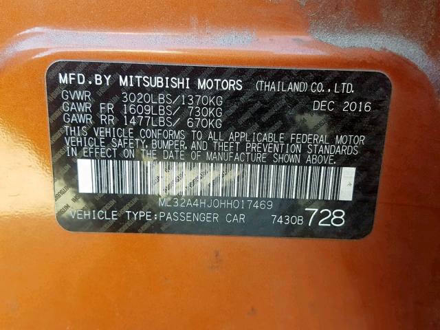 ML32A4HJ0HH017469 - 2017 MITSUBISHI MIRAGE SE ORANGE photo 10