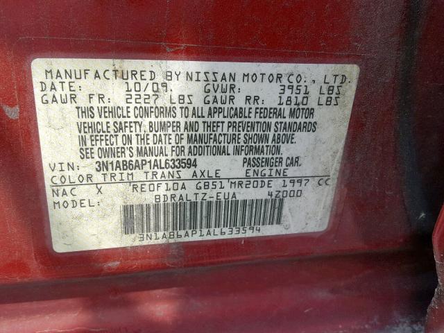 3N1AB6AP1AL633594 - 2010 NISSAN SENTRA 2.0 RED photo 10