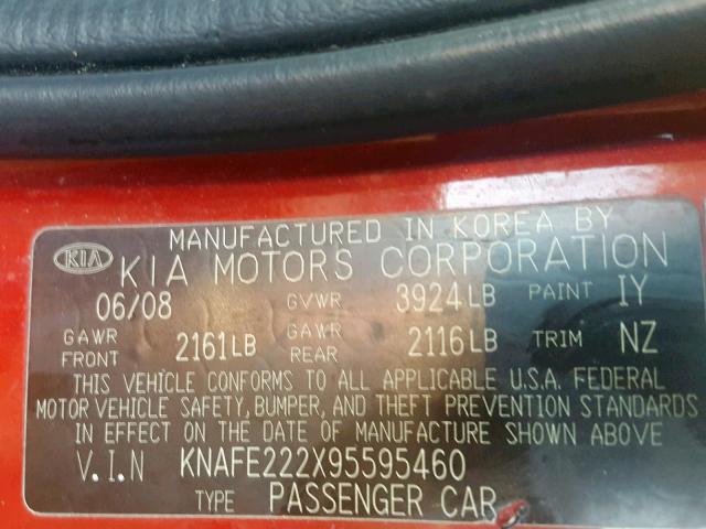 KNAFE222X95595460 - 2009 KIA SPECTRA EX RED photo 10