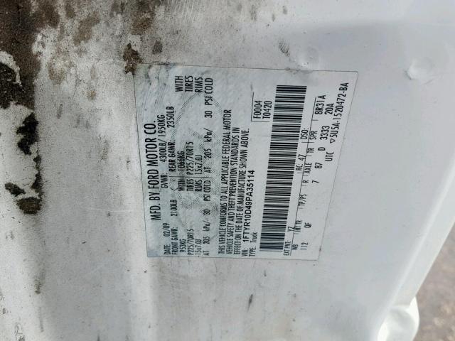 1FTYR10D49PA35114 - 2009 FORD RANGER WHITE photo 10