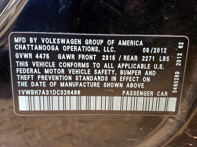 1VWBH7A31DC026496 - 2013 VOLKSWAGEN PASSAT SE BLACK photo 10