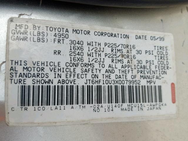 JT6HF10U3X0079952 - 1999 LEXUS RX 300 SILVER photo 10