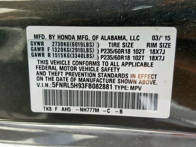 5FNRL5H93FB082881 - 2015 HONDA ODYSSEY TO GRAY photo 10