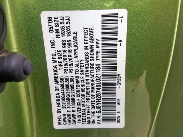 5J6YH28746L021184 - 2006 HONDA ELEMENT EX GREEN photo 10