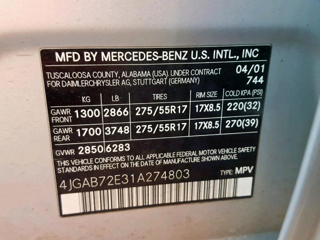 4JGAB72E31A274803 - 2001 MERCEDES-BENZ ML 430 SILVER photo 10