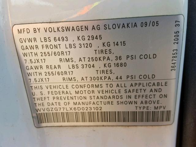 WVGZG77LX6D023102 - 2006 VOLKSWAGEN TOUAREG 3. WHITE photo 10