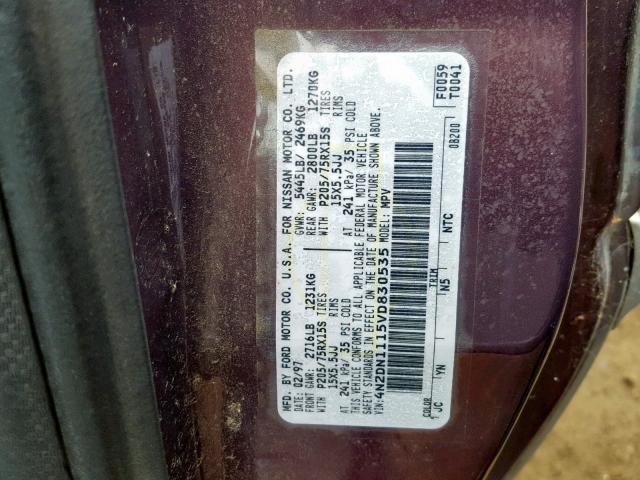 4N2DN1115VD830535 - 1997 NISSAN QUEST XE BURGUNDY photo 10