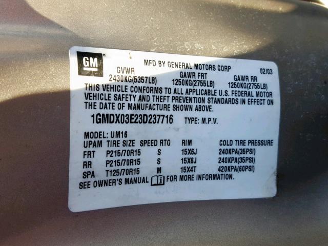 1GMDX03E23D237716 - 2003 PONTIAC MONTANA TAN photo 10