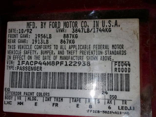 1FACP44M8PF122938 - 1993 FORD MUSTANG LX RED photo 10