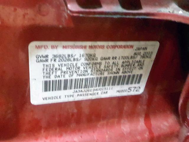 JA3AJ26E94U015111 - 2004 MITSUBISHI LANCER ES RED photo 10