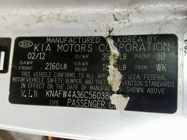 KNAFW4A36C5603869 - 2012 KIA FORTE SX SILVER photo 10