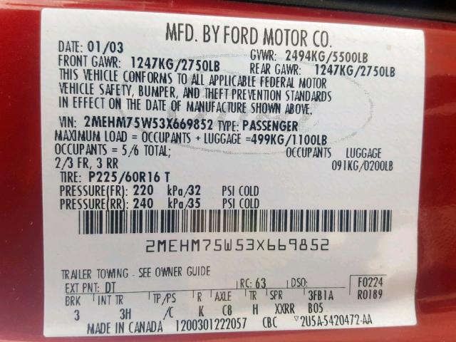 2MEHM75W53X669852 - 2003 MERCURY GRAND MARQ BURGUNDY photo 10