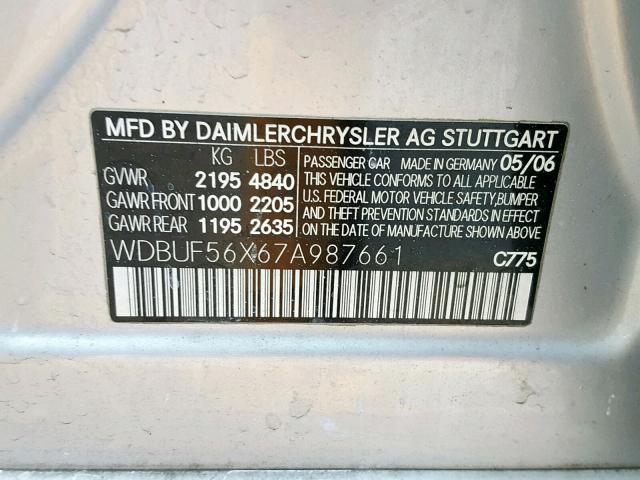 WDBUF56X67A987661 - 2007 MERCEDES-BENZ E 350 SILVER photo 10