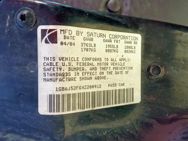 1G8AJ52F64Z200912 - 2004 SATURN ION LEVEL BURGUNDY photo 10