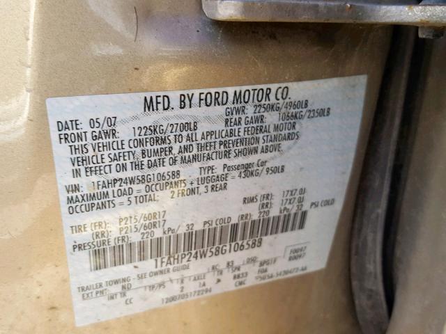 1FAHP24W58G106588 - 2008 FORD TAURUS SEL TAN photo 10