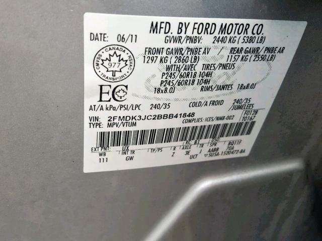 2FMDK3JC2BBB41848 - 2011 FORD EDGE SEL GRAY photo 9