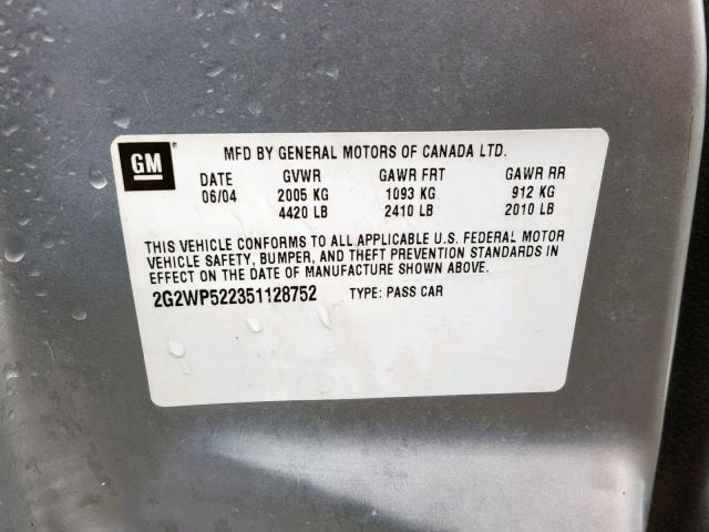 2G2WP522351128752 - 2005 PONTIAC GRAND PRIX SILVER photo 10