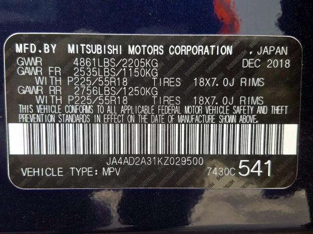 JA4AD2A31KZ029500 - 2019 MITSUBISHI OUTLANDER ES  photo 10