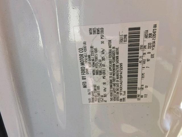 1FTKR1AD7BPA72295 - 2011 FORD RANGER WHITE photo 10