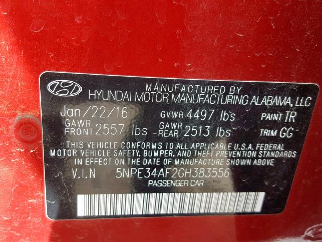 5NPE34AF2GH383556 - 2016 HYUNDAI SONATA SPO RED photo 10