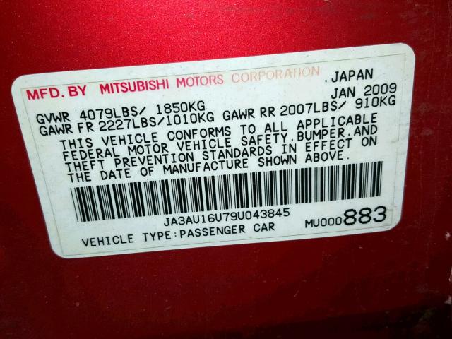 JA3AU16U79U043845 - 2009 MITSUBISHI LANCER DE RED photo 10