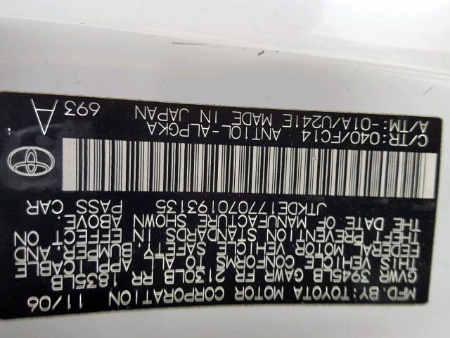 JTKDE177070193135 - 2007 TOYOTA SCION TC WHITE photo 10