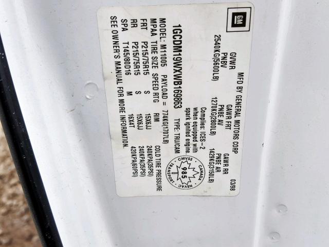 1GCDM19WXWB169863 - 1998 CHEVROLET ASTRO WHITE photo 10