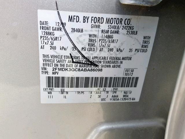 2FMDK3GC8ABA86098 - 2010 FORD EDGE SE SILVER photo 10