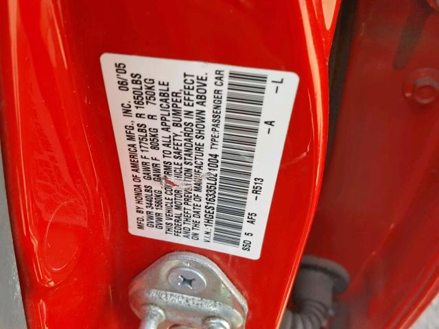 1HGES16335L021004 - 2005 HONDA CIVIC DX V RED photo 10