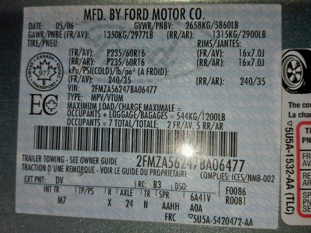 2FMZA56247BA06477 - 2007 FORD FREESTAR S GREEN photo 10