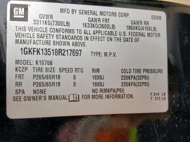 1GKFK13518R217697 - 2008 GMC YUKON HYBR BLACK photo 10