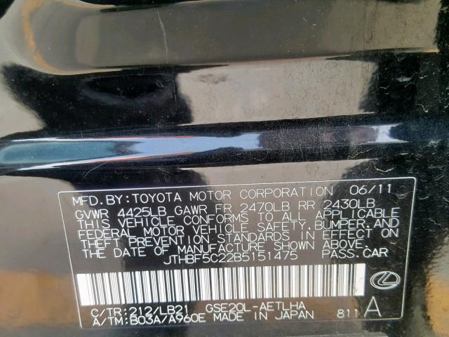 JTHBF5C22B5151475 - 2011 LEXUS IS 250 BLACK photo 10