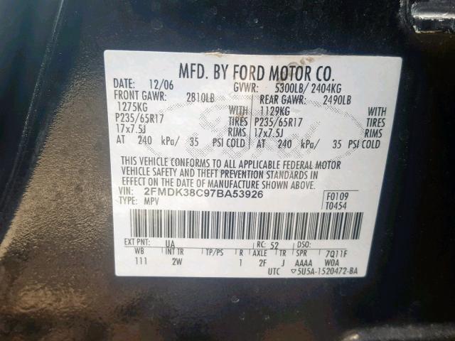 2FMDK38C97BA53926 - 2007 FORD EDGE SEL BLACK photo 10