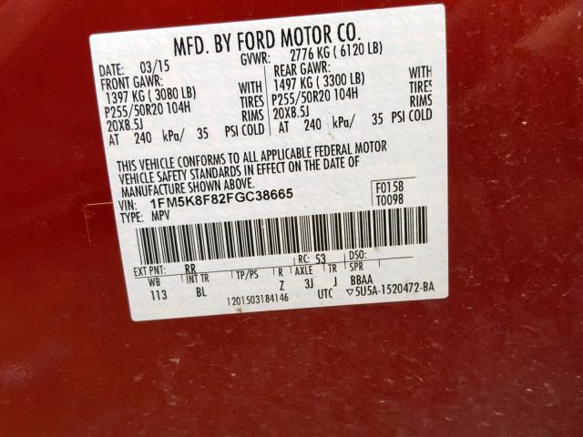 1FM5K8F82FGC38665 - 2015 FORD EXPLORER L RED photo 10