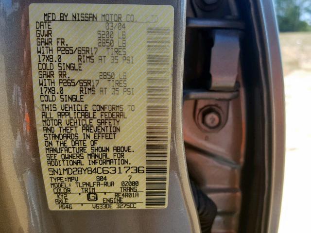 5N1MD28Y84C631736 - 2004 NISSAN XTERRA SE GOLD photo 10