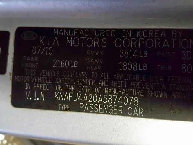 KNAFU4A20A5874078 - 2010 KIA FORTE EX SILVER photo 10