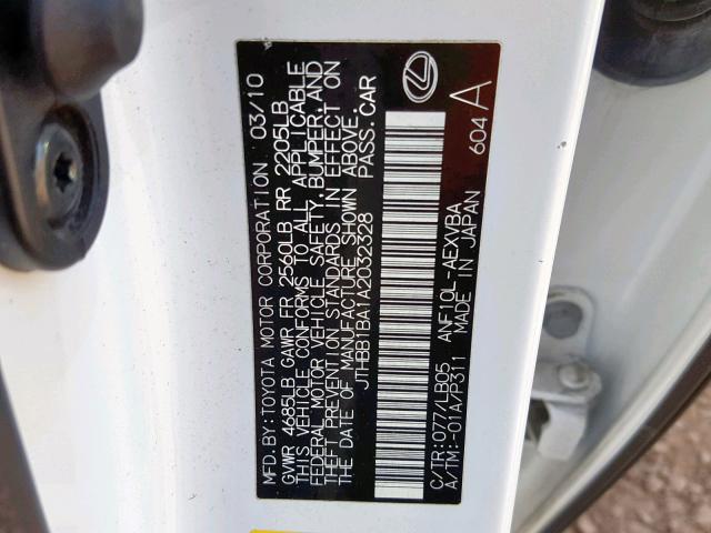 JTHBB1BA1A2032328 - 2010 LEXUS HS 250H WHITE photo 10