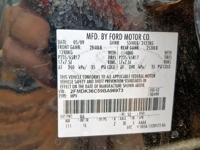 2FMDK36C59BA96973 - 2009 FORD EDGE SE BLACK photo 10