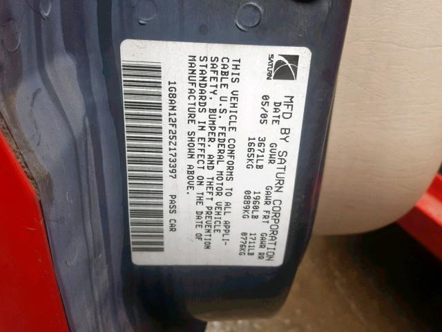 1G8AN12F25Z173397 - 2005 SATURN ION LEVEL RED photo 10