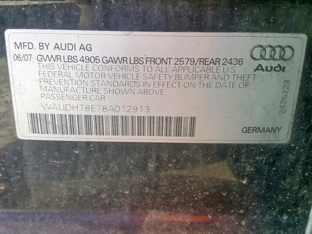 WAUDH78E78A012913 - 2008 AUDI A4 3.2 QUA BLACK photo 10