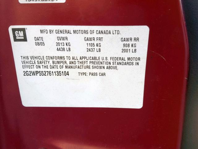 2G2WP552761135104 - 2006 PONTIAC GRAND PRIX MAROON photo 10