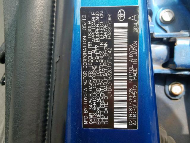 JTDKDTB32C1012042 - 2012 TOYOTA PRIUS C BLUE photo 10