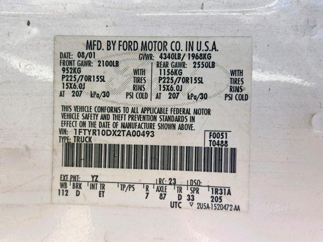 1FTYR10DX2TA00493 - 2002 FORD RANGER WHITE photo 10