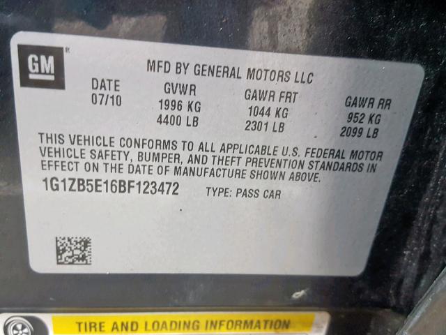 1G1ZB5E16BF123472 - 2011 CHEVROLET MALIBU LS CHARCOAL photo 10