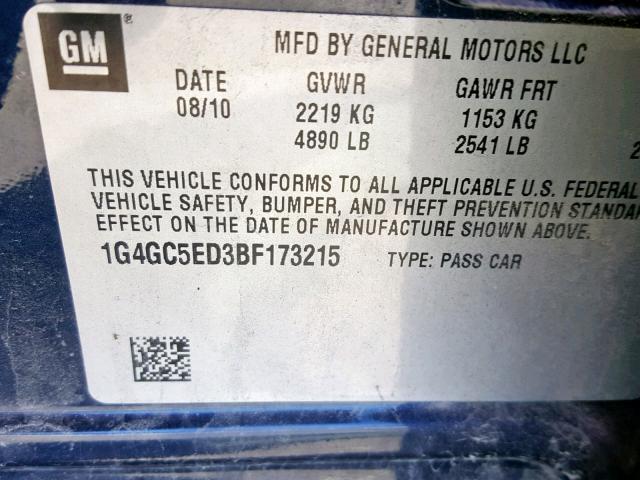 1G4GC5ED3BF173215 - 2011 BUICK LACROSSE C BLUE photo 10