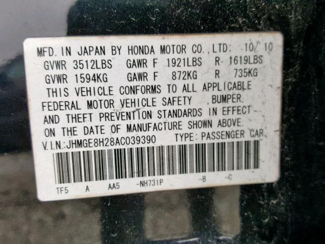 JHMGE8H28AC039390 - 2010 HONDA FIT BLACK photo 10