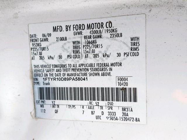 1FTYR10D89PA58041 - 2009 FORD RANGER WHITE photo 10