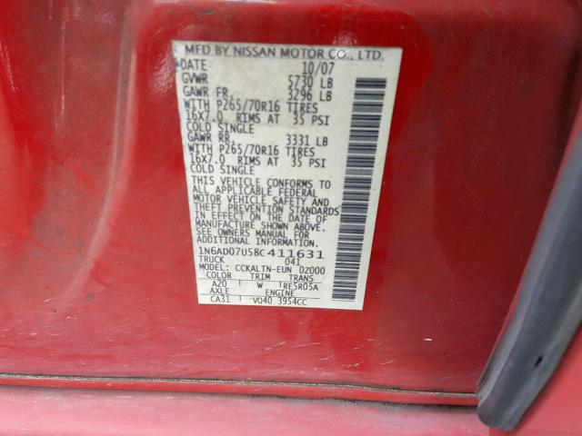 1N6AD07U58C411631 - 2008 NISSAN FRONTIER C RED photo 10